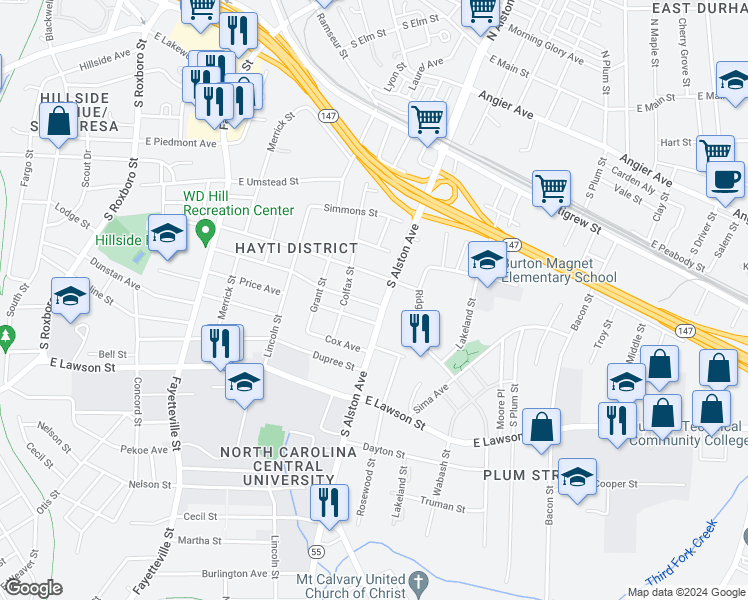 map of restaurants, bars, coffee shops, grocery stores, and more near 913 Massey Avenue in Durham