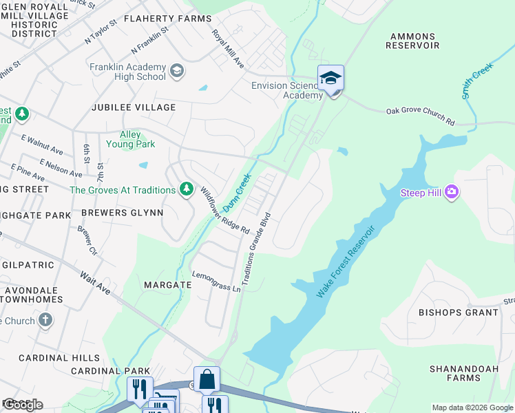 map of restaurants, bars, coffee shops, grocery stores, and more near 1016 Tranquil Creek Way in Wake Forest