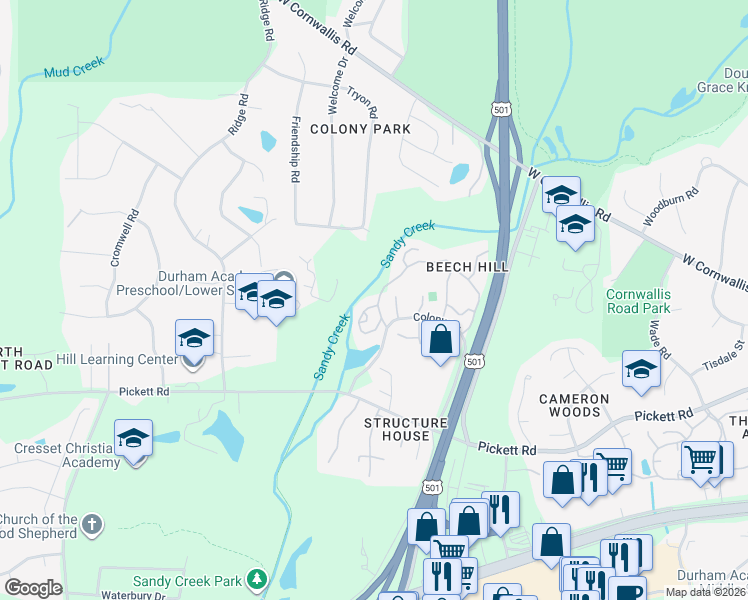 map of restaurants, bars, coffee shops, grocery stores, and more near 29 Stoneridge Circle in Durham