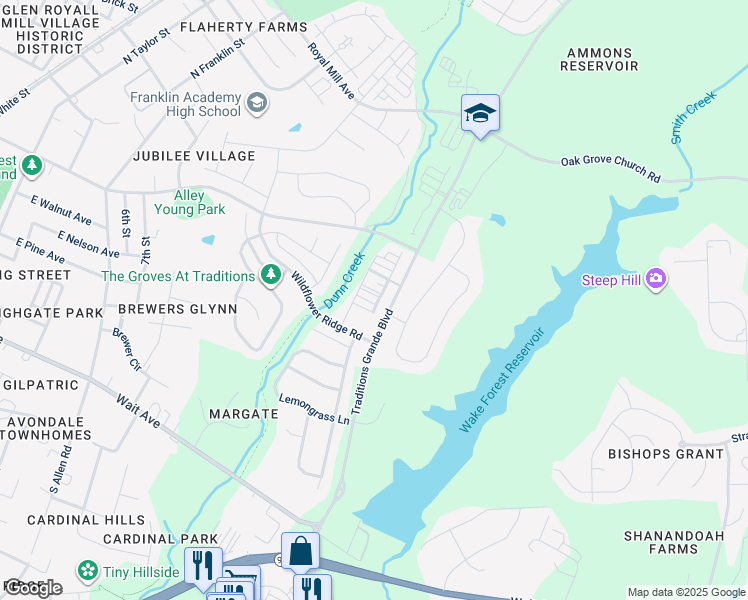 map of restaurants, bars, coffee shops, grocery stores, and more near 1016 Tranquil Creek Way in Wake Forest