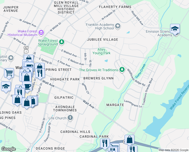 map of restaurants, bars, coffee shops, grocery stores, and more near 227 Carroll Street in Wake Forest
