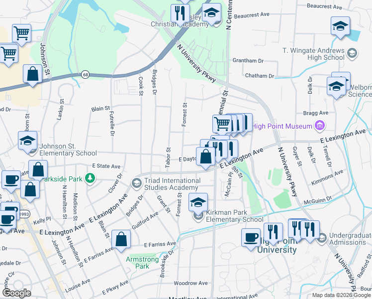 map of restaurants, bars, coffee shops, grocery stores, and more near 1110 Forrest Street in High Point