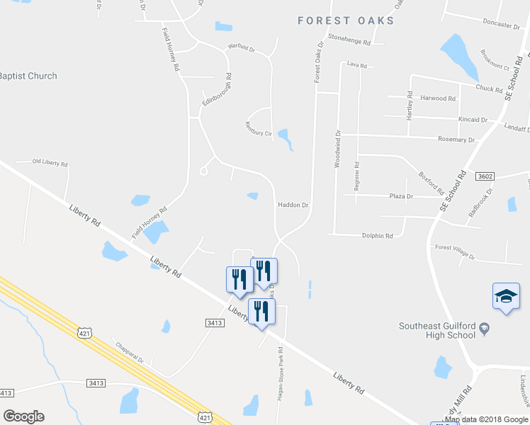 map of restaurants, bars, coffee shops, grocery stores, and more near 5202 Edinborough Road in Greensboro