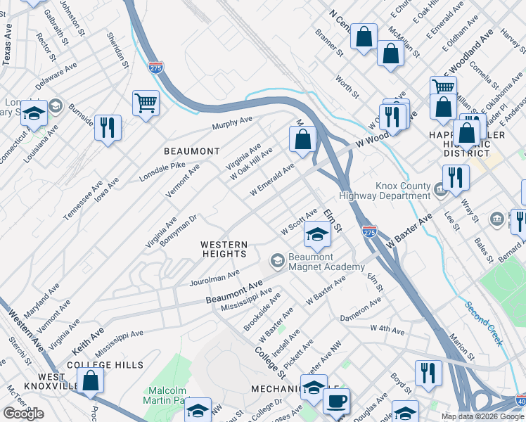 map of restaurants, bars, coffee shops, grocery stores, and more near in Knoxville