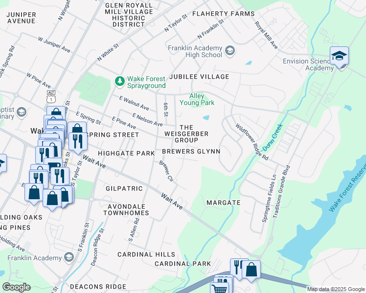 map of restaurants, bars, coffee shops, grocery stores, and more near 219 Carroll Street in Wake Forest