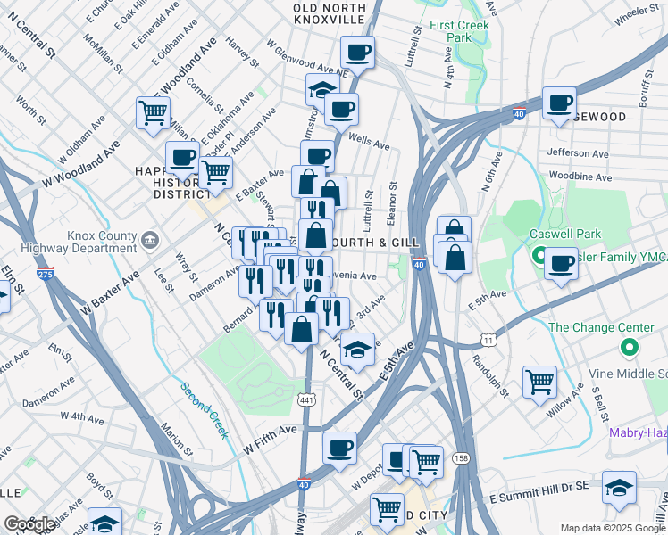 map of restaurants, bars, coffee shops, grocery stores, and more near 807 Gratz Street in Knoxville