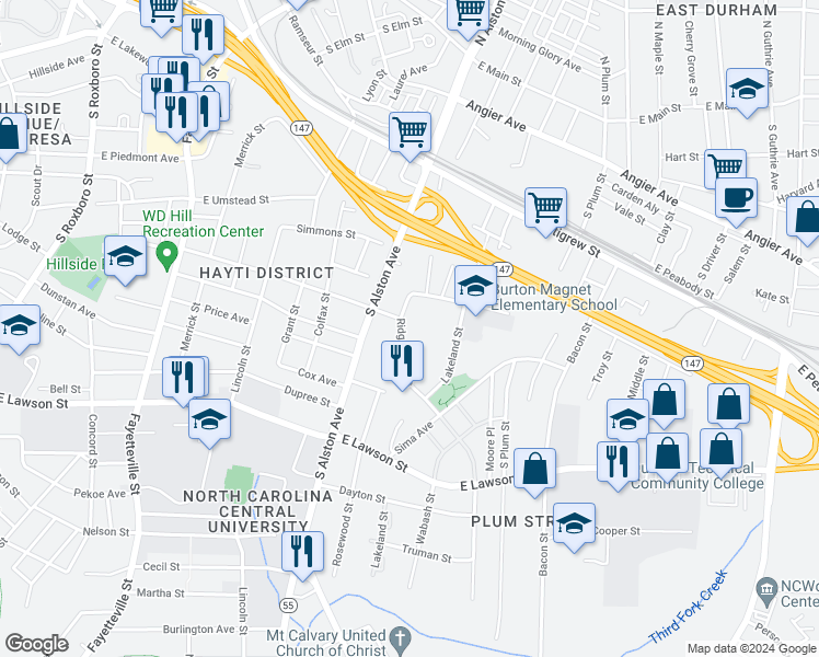 map of restaurants, bars, coffee shops, grocery stores, and more near 1210 Linwood Avenue in Durham
