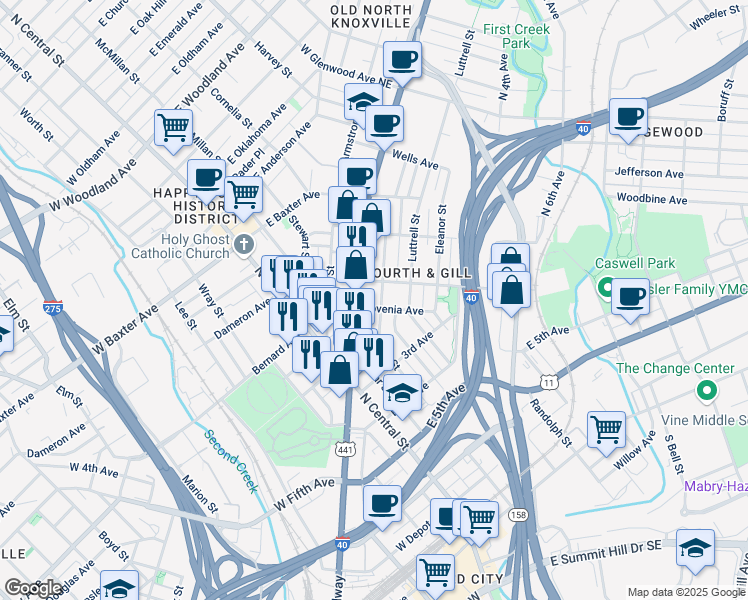 map of restaurants, bars, coffee shops, grocery stores, and more near 807 Gratz Street in Knoxville