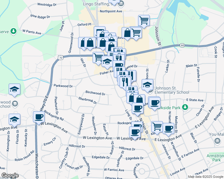 map of restaurants, bars, coffee shops, grocery stores, and more near 1613 Long Street in High Point