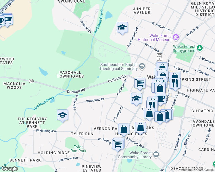 map of restaurants, bars, coffee shops, grocery stores, and more near 377 Durham Road in Wake Forest