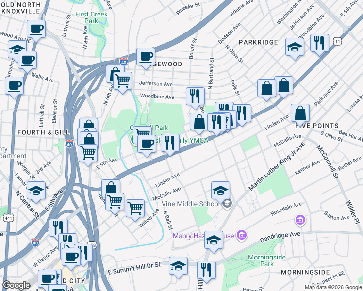 map of restaurants, bars, coffee shops, grocery stores, and more near 1611 East Magnolia Avenue in Knoxville