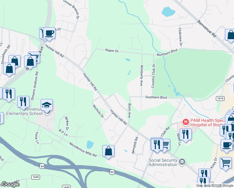 map of restaurants, bars, coffee shops, grocery stores, and more near 16 Elizabeth Lane in Rocky Mount