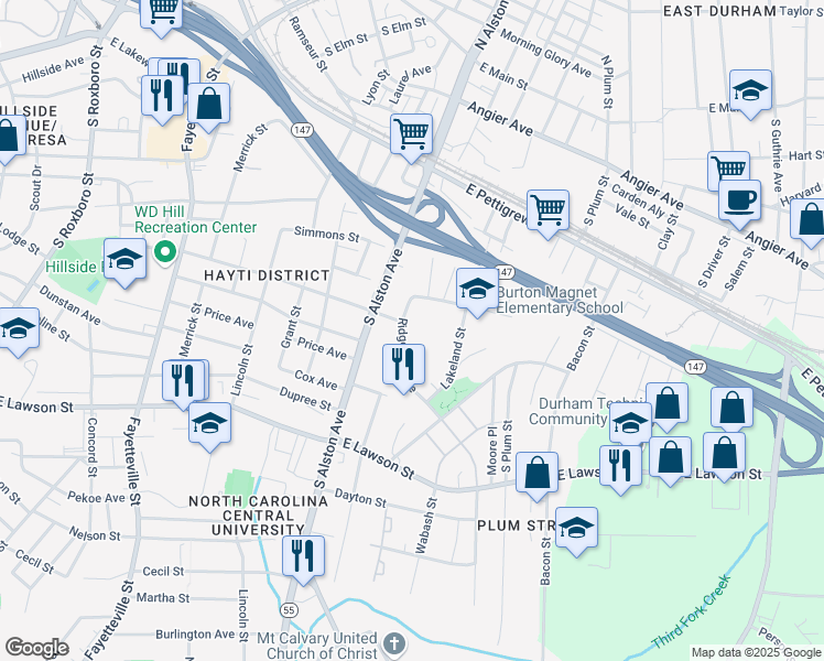 map of restaurants, bars, coffee shops, grocery stores, and more near 1210 Linwood Avenue in Durham
