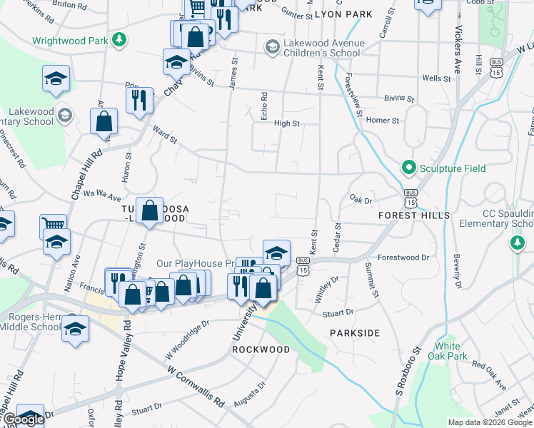 map of restaurants, bars, coffee shops, grocery stores, and more near 1700 Sycamore Street in Durham