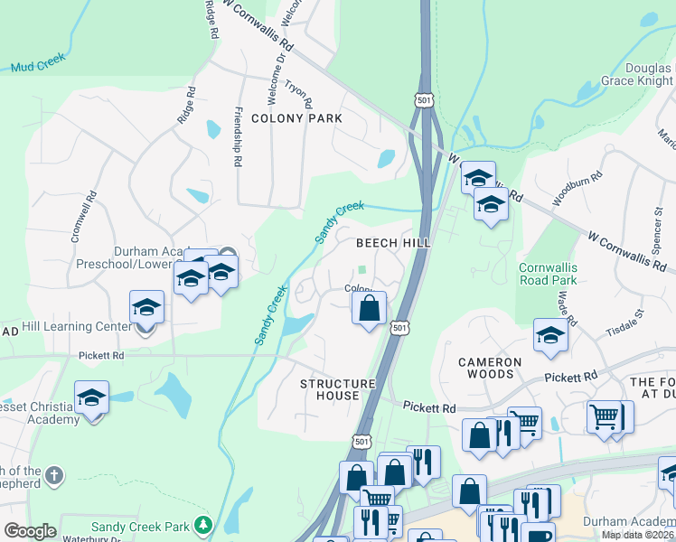 map of restaurants, bars, coffee shops, grocery stores, and more near 3060 Colony Road in Durham