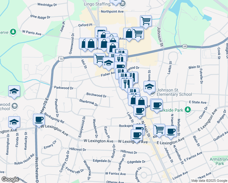 map of restaurants, bars, coffee shops, grocery stores, and more near 209 Idol Street in High Point