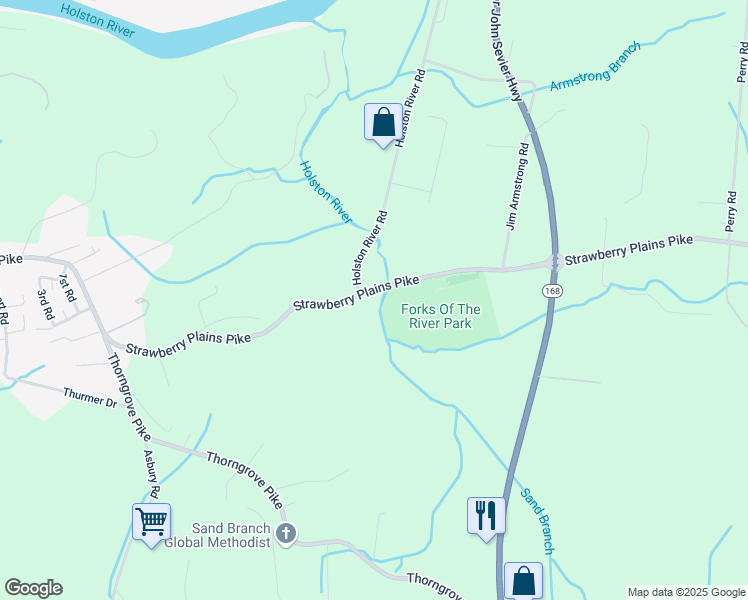 map of restaurants, bars, coffee shops, grocery stores, and more near 5236 Strawberry Plains Pike in Knoxville
