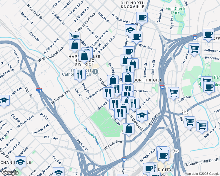 map of restaurants, bars, coffee shops, grocery stores, and more near 925 North Central Street in Knoxville