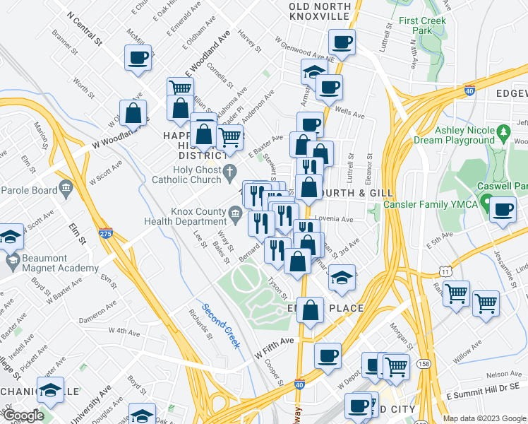 map of restaurants, bars, coffee shops, grocery stores, and more near 925 North Central Street in Knoxville