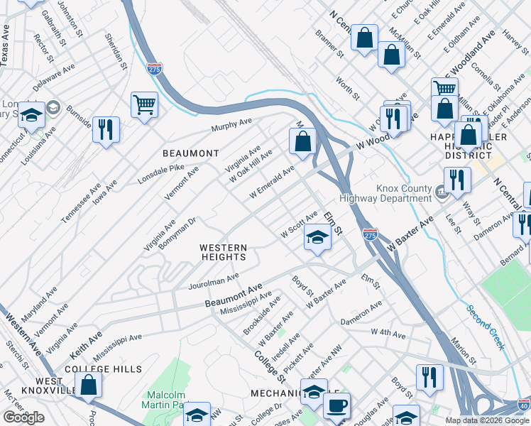 map of restaurants, bars, coffee shops, grocery stores, and more near 912 West Oldham Avenue in Knoxville