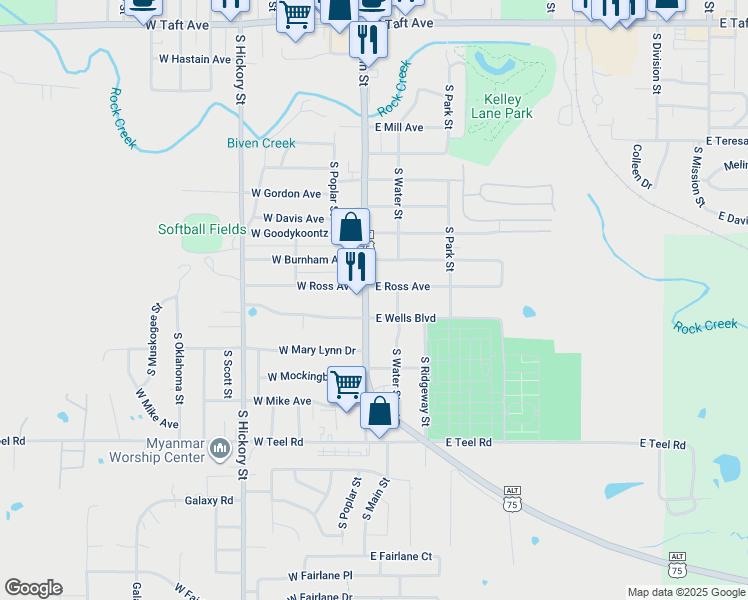 map of restaurants, bars, coffee shops, grocery stores, and more near 16 East Ross Avenue in Sapulpa