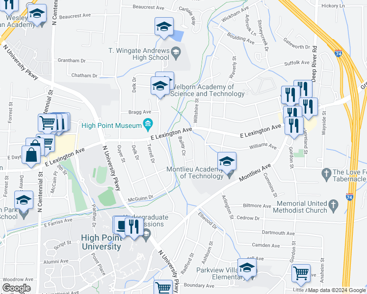 map of restaurants, bars, coffee shops, grocery stores, and more near Bailey Circle in High Point