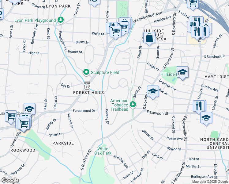 map of restaurants, bars, coffee shops, grocery stores, and more near 509 Compton Place in Durham