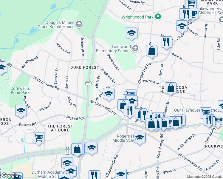map of restaurants, bars, coffee shops, grocery stores, and more near 2733 Dogwood Road in Durham
