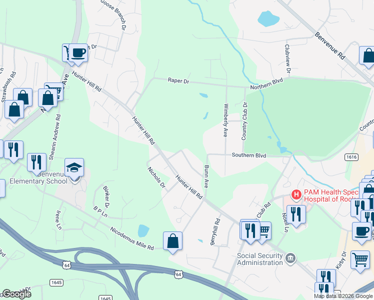 map of restaurants, bars, coffee shops, grocery stores, and more near 16 Elizabeth Lane in Rocky Mount