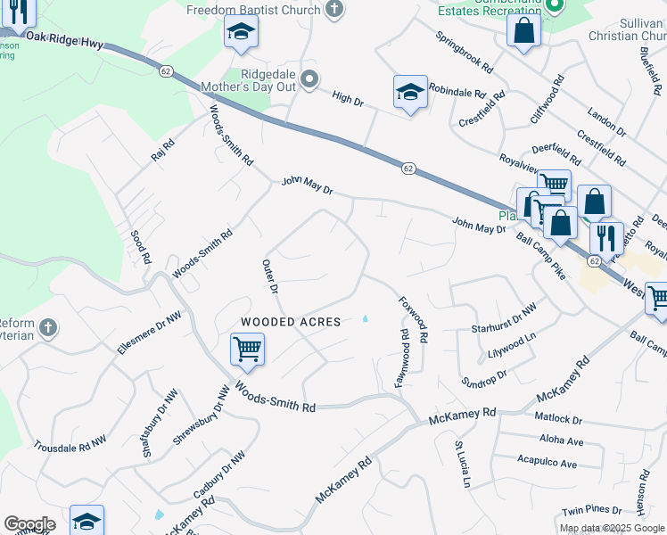 map of restaurants, bars, coffee shops, grocery stores, and more near 5801 Rockwood Lane Northwest in Knoxville