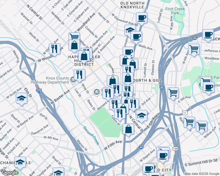map of restaurants, bars, coffee shops, grocery stores, and more near 925 North Central Street in Knoxville