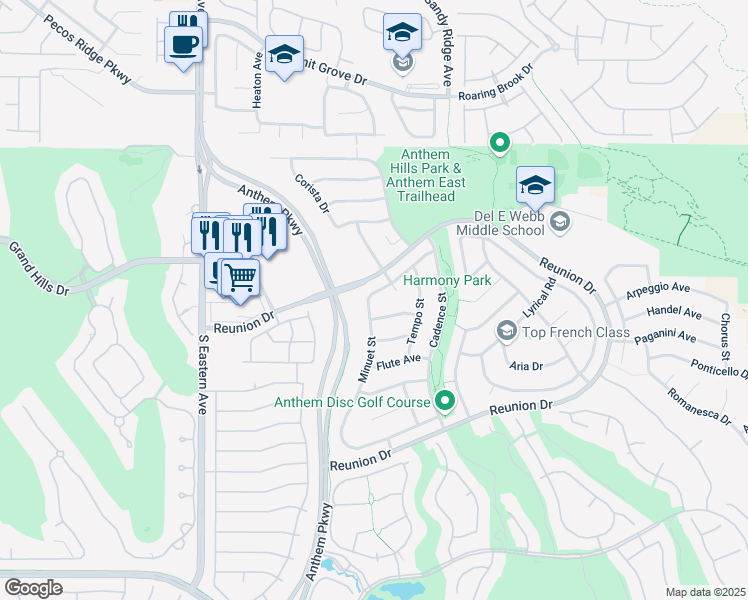 map of restaurants, bars, coffee shops, grocery stores, and more near 2385 Spirito Avenue in Henderson