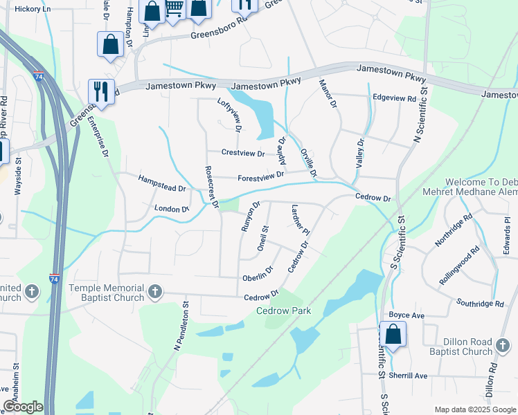 map of restaurants, bars, coffee shops, grocery stores, and more near 704 Runyon Drive in High Point