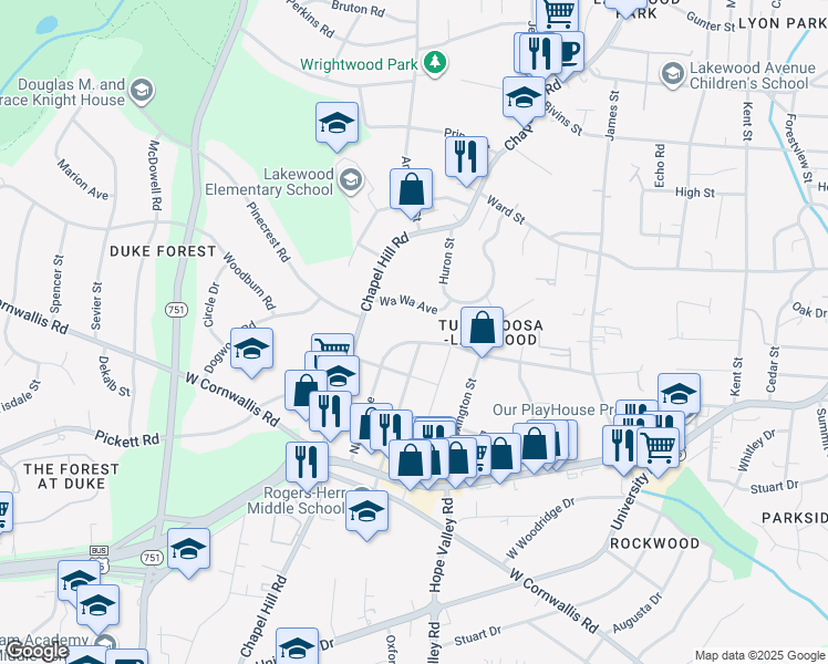 map of restaurants, bars, coffee shops, grocery stores, and more near 2600 Nation Avenue in Durham