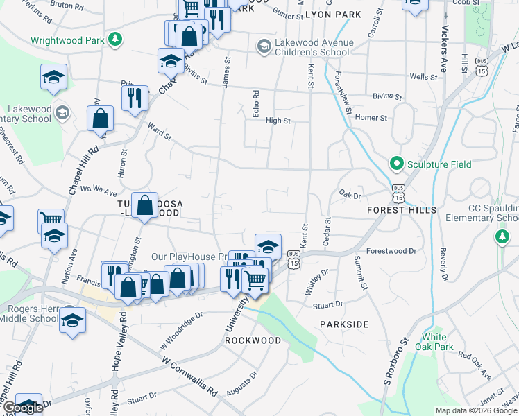 map of restaurants, bars, coffee shops, grocery stores, and more near 1700 Sycamore Street in Durham