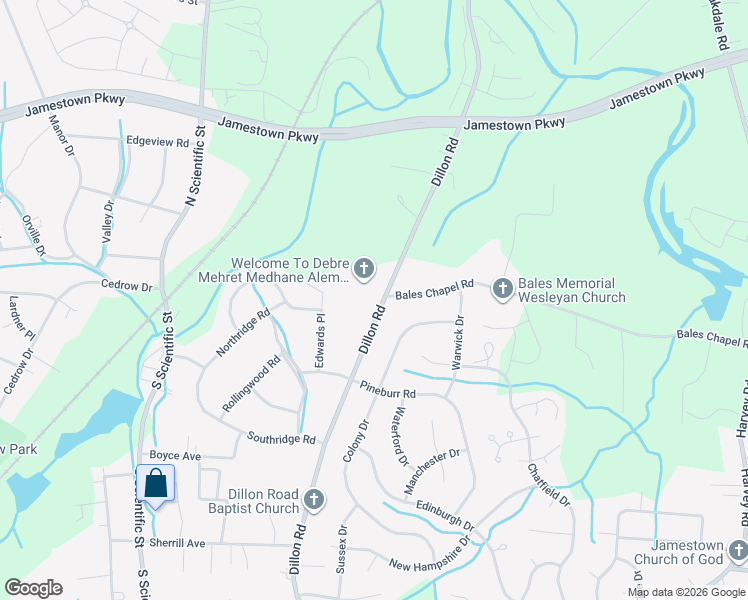 map of restaurants, bars, coffee shops, grocery stores, and more near 3321 Dillon Road in Jamestown