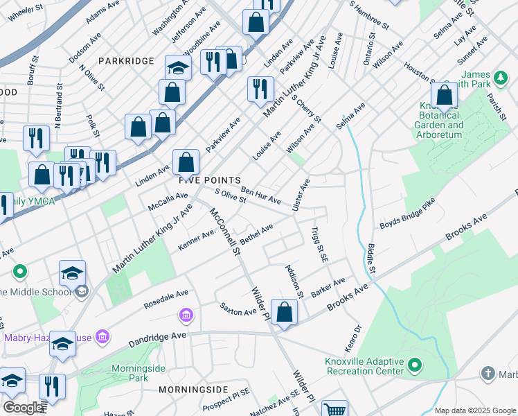 map of restaurants, bars, coffee shops, grocery stores, and more near 403 South Olive Street in Knoxville