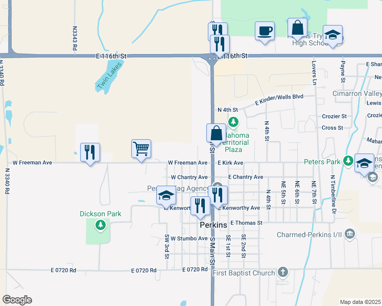 map of restaurants, bars, coffee shops, grocery stores, and more near 215 West Freeman Avenue in Perkins