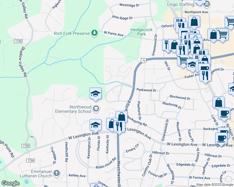 map of restaurants, bars, coffee shops, grocery stores, and more near 1505 Cherokee Drive in High Point
