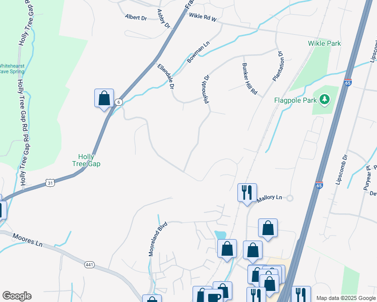 map of restaurants, bars, coffee shops, grocery stores, and more near 1517 Plymouth Drive in Brentwood