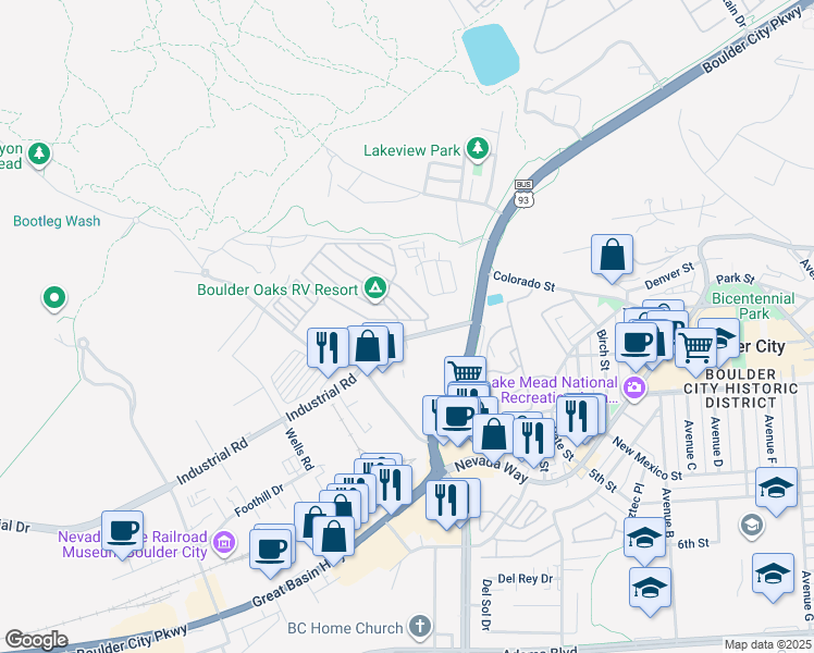 map of restaurants, bars, coffee shops, grocery stores, and more near 799 Bluebird Drive in Boulder City