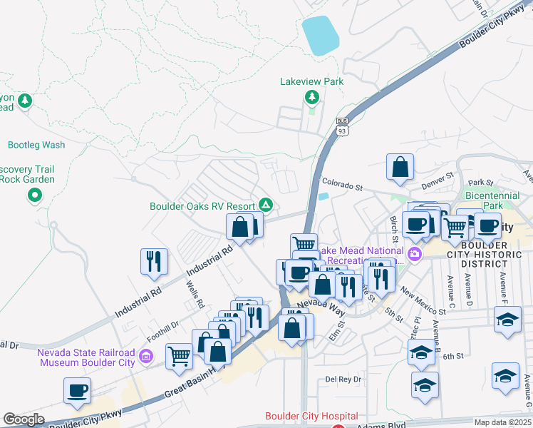 map of restaurants, bars, coffee shops, grocery stores, and more near 799 Bluebird Drive in Boulder City