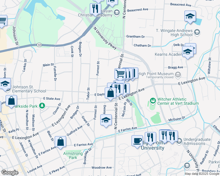 map of restaurants, bars, coffee shops, grocery stores, and more near 1004 Charlotte Avenue in High Point