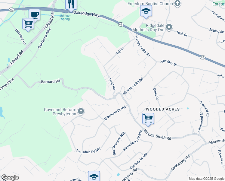 map of restaurants, bars, coffee shops, grocery stores, and more near 2705 Sood Road in Knoxville