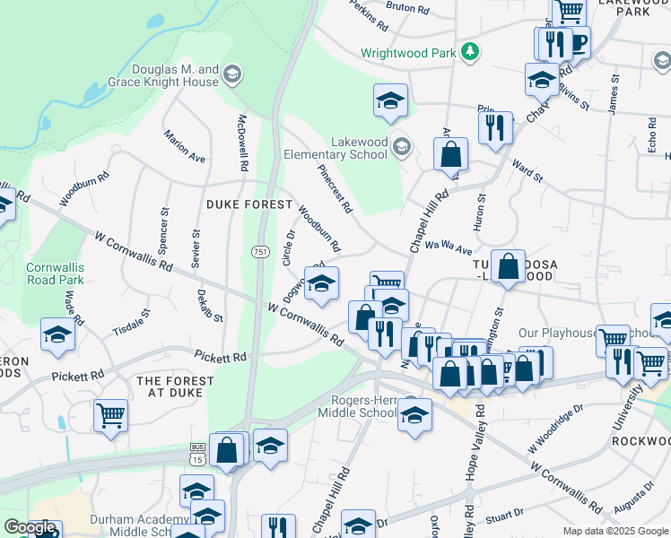 map of restaurants, bars, coffee shops, grocery stores, and more near 2729 Dogwood Road in Durham