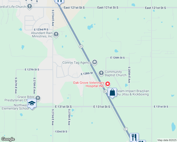 map of restaurants, bars, coffee shops, grocery stores, and more near 12641 Oklahoma 51 in Coweta