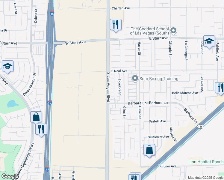 map of restaurants, bars, coffee shops, grocery stores, and more near 20 Barbara Lane in Las Vegas