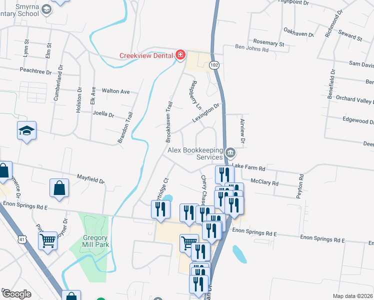 map of restaurants, bars, coffee shops, grocery stores, and more near 111 Bordeaux Court in Smyrna
