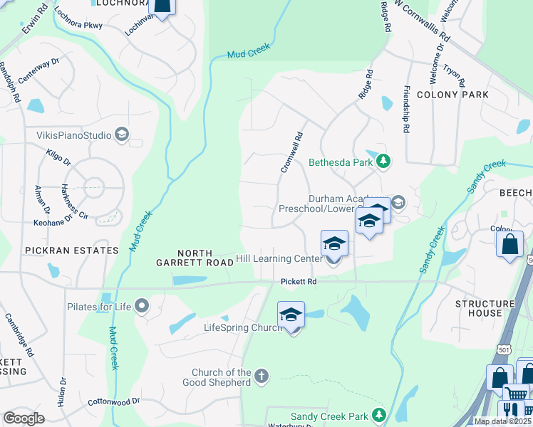 map of restaurants, bars, coffee shops, grocery stores, and more near 3403 Ogburn Court in Durham