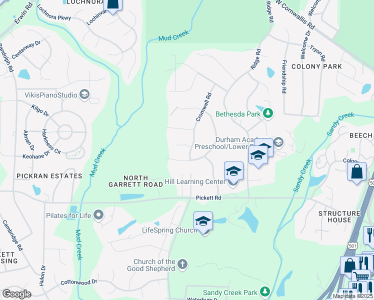 map of restaurants, bars, coffee shops, grocery stores, and more near 3403 Ogburn Court in Durham